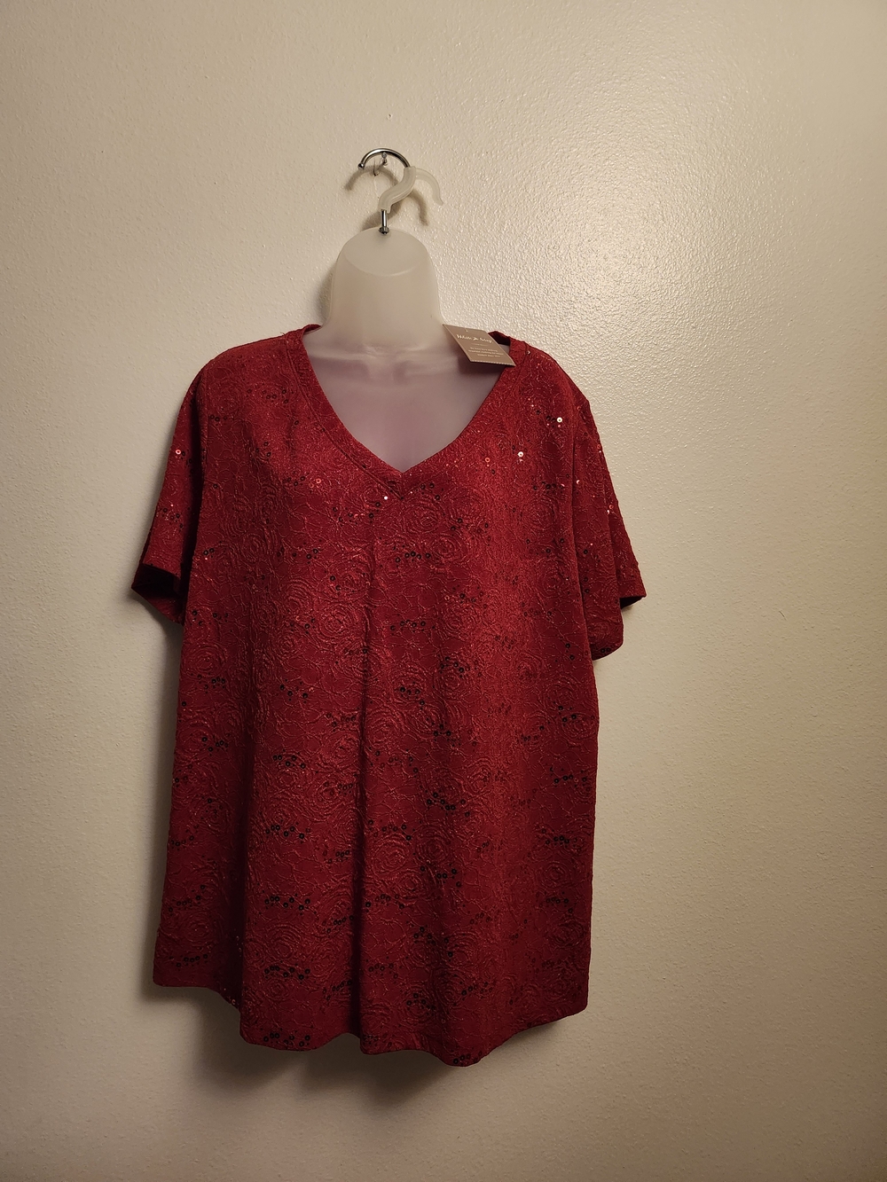 NWT White Stag Red Embellished Sequin V-Neck Short Sleeve Holiday Top